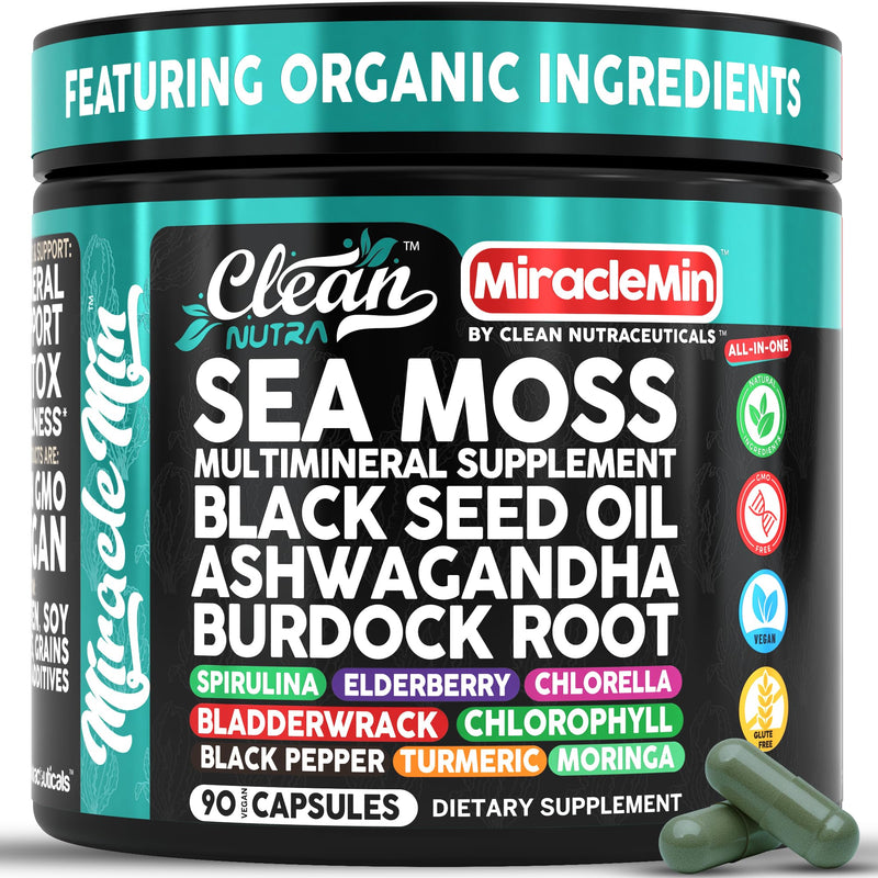 Clean Nutra Organic Sea Moss Capsules with Ashwagandha, Black Seed Oil, Burdock Root, Bladderwrack, Moringa, Chlorella, Spirulina, Turmeric, Elderberry, Amla � 90 Vegan Capsules � MiracleMin 1