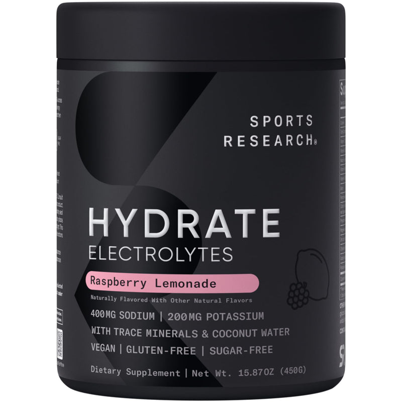 Sports Research® Hydrate Electrolytes Raspberry Lemonade, 90 Servings | Sugar-Free & Flavorful with 7 Essential Vitamins, 65 Trace Minerals, and Coconut Water for Whole Body Hydration 15.87 Ounce (Pack of 1)