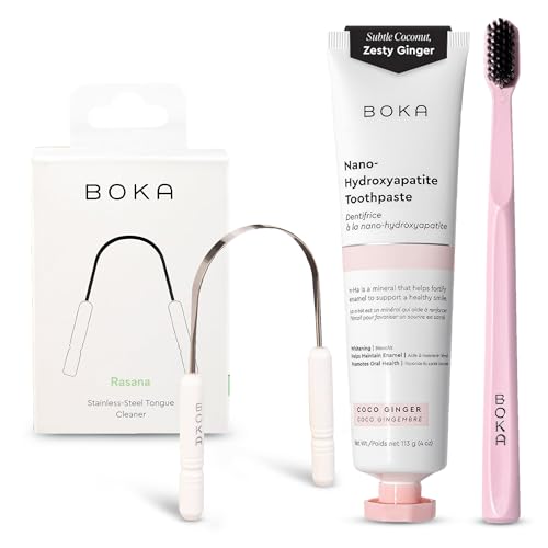 Boka Fluoride Free Toothpaste - Nano Hydroxyapatite - Coco Ginger 4oz, Classic Manual Toothbrush, Pink and Tongue Scraper for Adults & Kids with Case