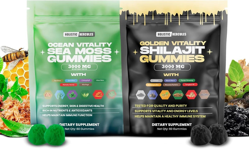 Sea Moss & Pure Himalayan Shilajit Gummies Gold | 100% Natural Organic Vegan | No Added Sugar | Ashwagandha Tongkat Ali Ginseng Spirulina Moringa Manuka Honey | 60 Gummies 2 Pack