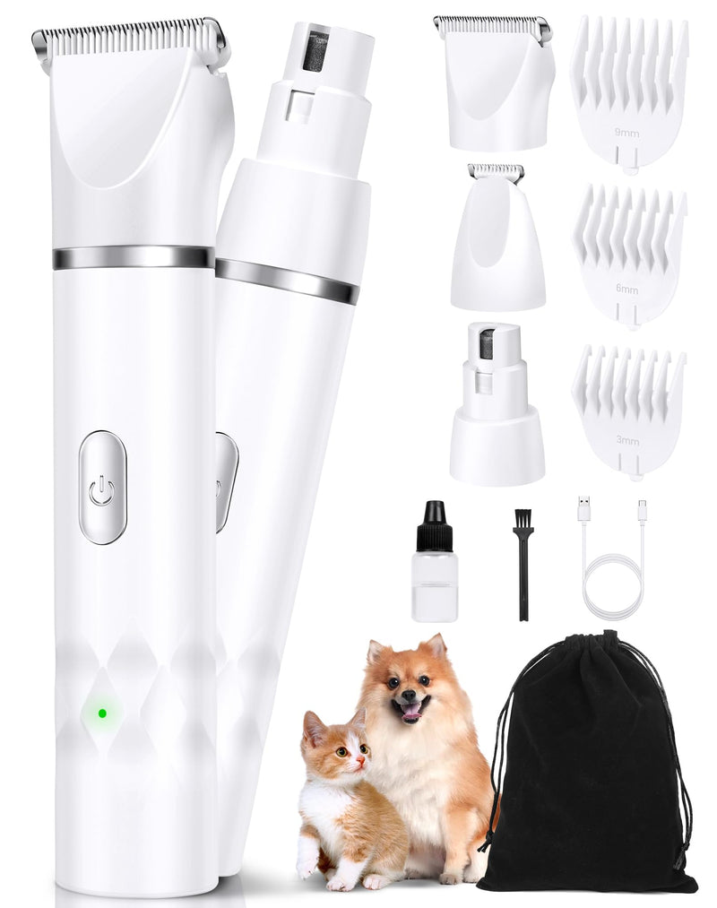 3 in 1 Small Dog Grooming Kit, 2 Speed Rechargeable Dog Hair Clippers with Guards, Low Noise Electric Dog Paw Trimmer & Nail Grinder, Cordless Pet Shaver for Small Dogs and Cats(White) White - BeesActive Australia