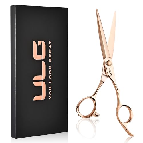 ULG Professional Hair Cutting Scissors with Luxury 18K Rose Gold Finish 6.5" Barber Scissors 440C Japanese Stainless Steel Hand-Honed Razor Sharp Blades Offset Handles Tension Adjustable, Right-Handed Rose Gold-6.5 Inch-right