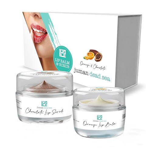 Juman Dead Sea Minerals Lip Care Set | Hydrating Lip Balm & Scrub | Orange & Chocolate | For Chapped & Dry Lips | Dorm Essentials | Vegan | SLS & Paraben-Free | Great as a Gift