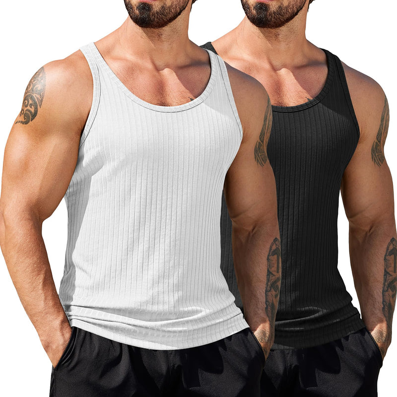 COOFANDY Men's Workout Tank Top Ribbed Knit Sleeveless Gym Muscle T Shirts Bodybuilding Tee Black/White (2 Pcs) X-Large - BeesActive Australia