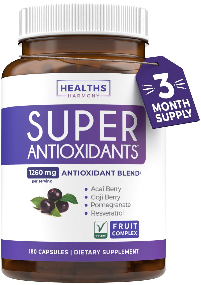 Super Antioxidants Supplement for Women - Vegan & Non-GMO (3 Month Supply) | High Potency Super Foods Powder Supplements with Acai Goji Noni Elderberry & More for Skin Immune & Overall Wellness 180 Count (Pack of 1)