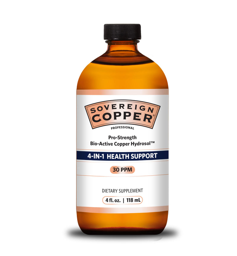 Sovereign Pro-Strength Bio-Active Copper Hydrosol - Bioavailable Copper Liquid Supplement for Adults & Kids w/Silver Hydrosol for Hair, Skin, & Nails, 30ppm - 4 fl oz (118mL)