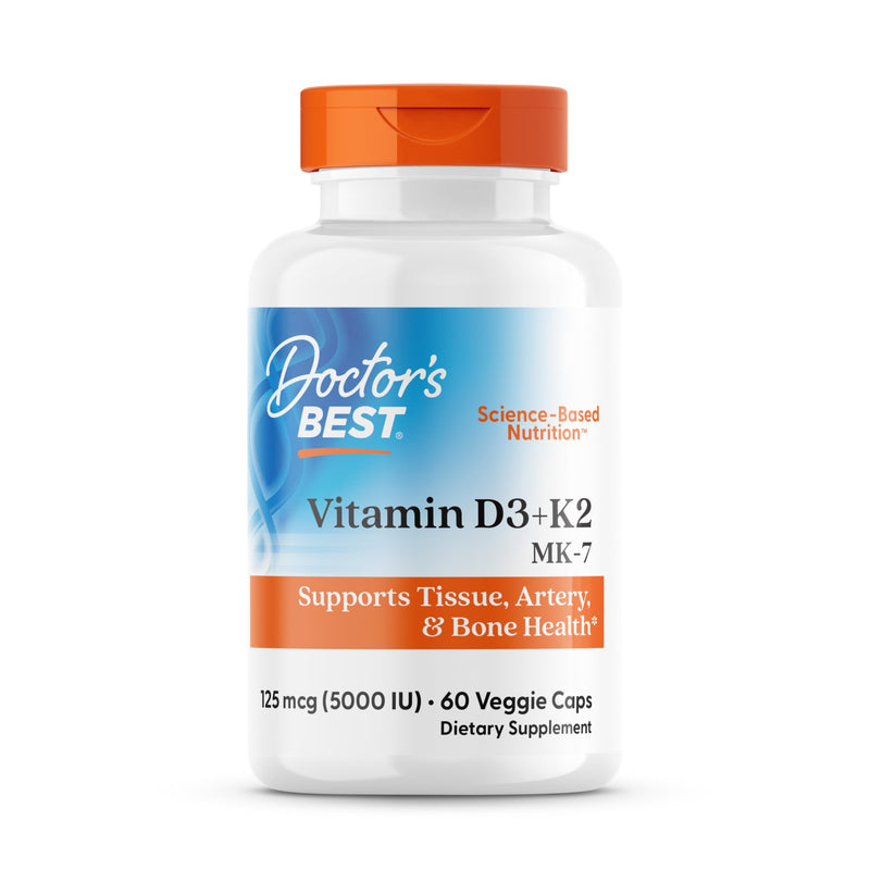 Doctor's Best Vitamin D3 and K2 Supplement for Men & Women - Vitamin D3 5000 IU + K2 as MK-7, Bone Health Support, Gluten Free, Non GMO, Vegetarian Capsules - 60 Veg Caps 60 Count (Pack of 1)