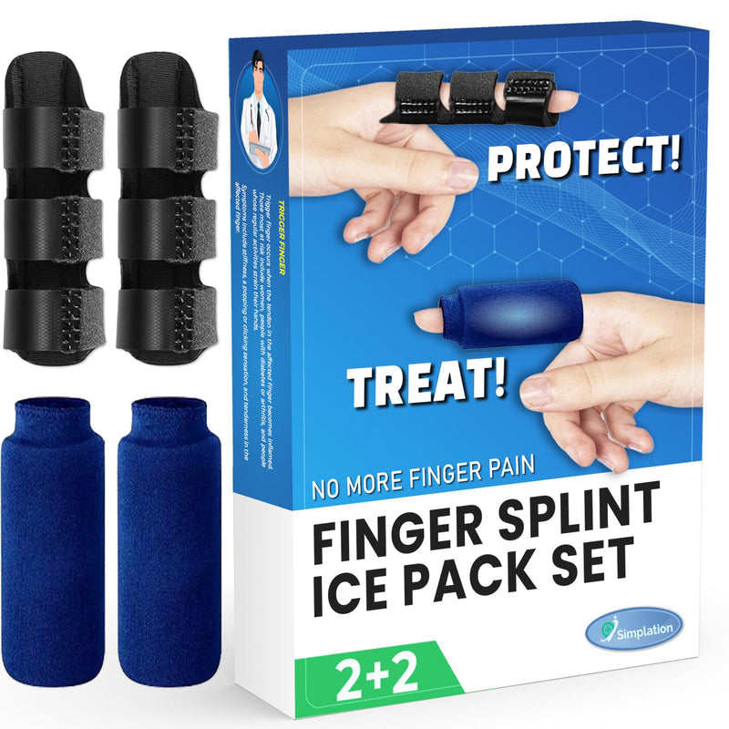 Simplation Trigger Finger Splint and Ice Pack (2+2 Set) for Pain Relief, Knuckle Immobilization, Straightening Arthritis, Injured Mallet Finger, Fits Index, Middle, Thumb, Ring Finger