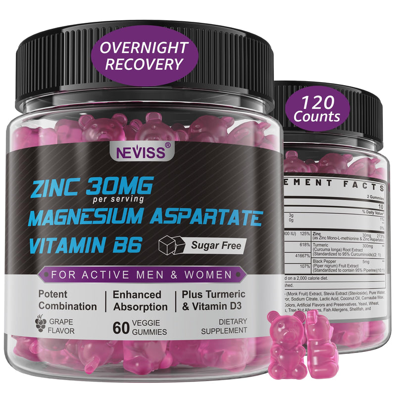 Zinc and Magnesium Aspartate Recovery Supplement, Post Workout Gummies | Nighttime Gummies for Men Women, w/ Vitamin B6, B12, D3, Turmeric, Reduce Fatigue, Boost Immunity & Sleep, Sugar Free, 120Ct 60 Count (Pack of 2)