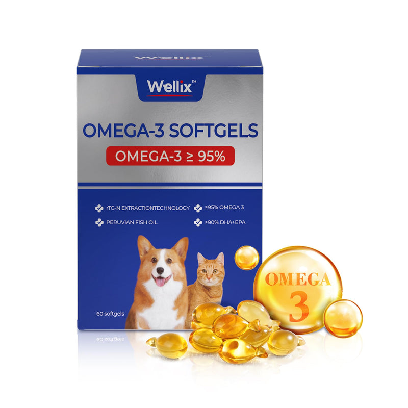 Pure Omega 3 Fish Oil for Dogs & Cats, Skin and Coat Supplement for Shedding, Promotes Heart, Skin, Coat, Joint, & Immune Health， Over 95% Omega 3, Rich in EPA + DHA, 60 Softgels Original - BeesActive Australia