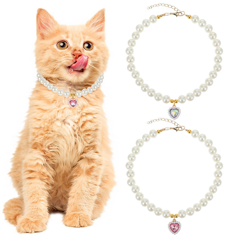2 Pcs Cat Dog Pearl Collar, Heart Shaped Rhinestone Pet Necklace Dog Pearl Rhinestone Cat Collar, Beaded Dog Necklace Adjustable Pet Jewelry Accessories for Small Dogs Cats(White and Pink) - BeesActive Australia