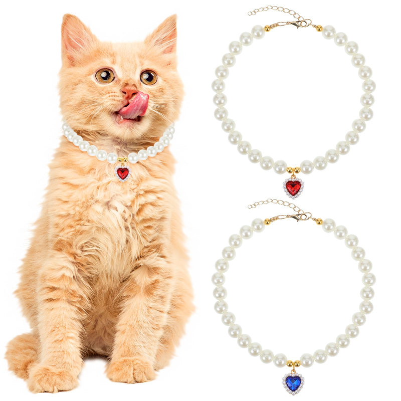 2 Pcs Cat Dog Pearl Collar, Heart Shaped Rhinestone Pet Necklace Dog Pearl Rhinestone Cat Collar, Beaded Dog Necklace Adjustable Pet Jewelry Accessories for Small Dogs Cats(Blue and Red) - BeesActive Australia
