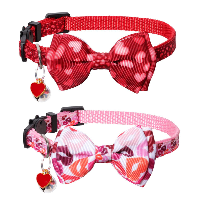 2Pcs Valentine's Day Cat Collars Holiday Breakaway Loving Heart Kitty Kitten Collars Breakaway Cat Bowtie Collars Red Pink Heart Pattern Collars with Cute Bow Tie Bell for Cats Kittens Valentine's Day Pattern 7.5''-11'' - BeesActive Australia