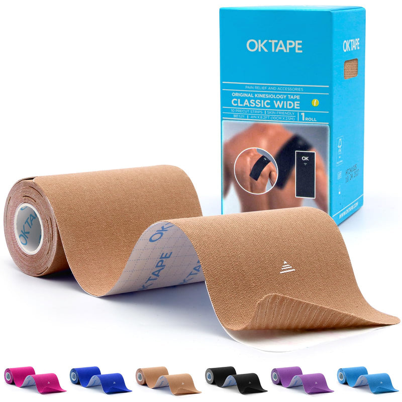 OK TAPE Extra Wide Kinesiology Tape, Precut K Tape Strips, Elastic Physical Therapy Athletic Tape for Pain Relief & Joint Support | Back, Shoulder, Knee (4" x 10" - 10Pcs) Beige 1 Roll