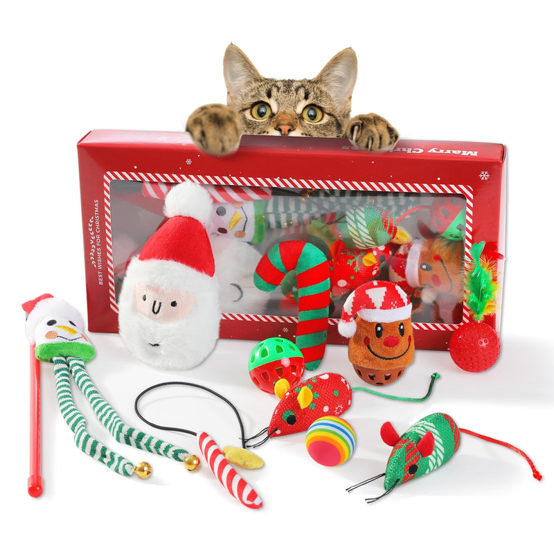 PETEPELA Christmas Cat Toys, 10 Pcs Cat Feather Mice Catnip Toys Set, Cat Gifts for Christmas, Interactive Cat Christmas Stocking Ball Toys, Crinkle Balls, Mice Toys for Indoor Cats & Kittens - BeesActive Australia