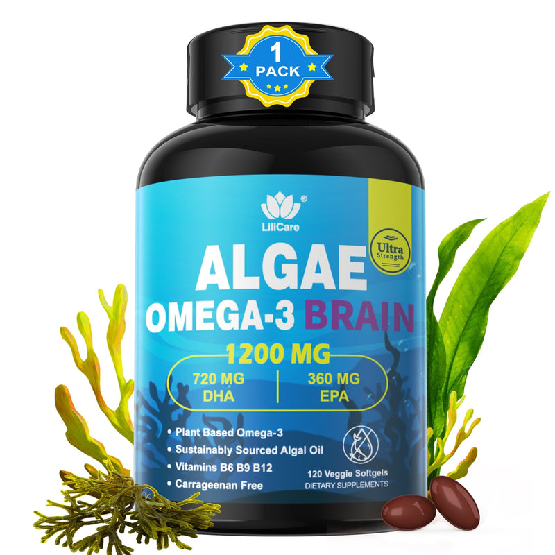 Algae Oil Omega 3 Supplement, Plant-Based EPA & DHA Fish Oil Alternative with Methylated B12, B6, B9, Vitamin E - Vegan Softgels for Brain, Energy, Immune Support for Women & Men, Non-GMO, 120 Count 120 Count (Pack of 1)