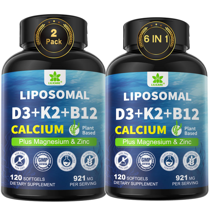 6-in-1 Liposomal Vitamin D3 K2 Calcium Supplement - Plant Based Calcium 600mg with Vegan Vitamin D3 5000 iu + Vitamin K K2 MK7 + B12, Algae Ca-lcium Magnesium Zinc for Bone, Softgels, 2 Pack 120 Count (Pack of 2)