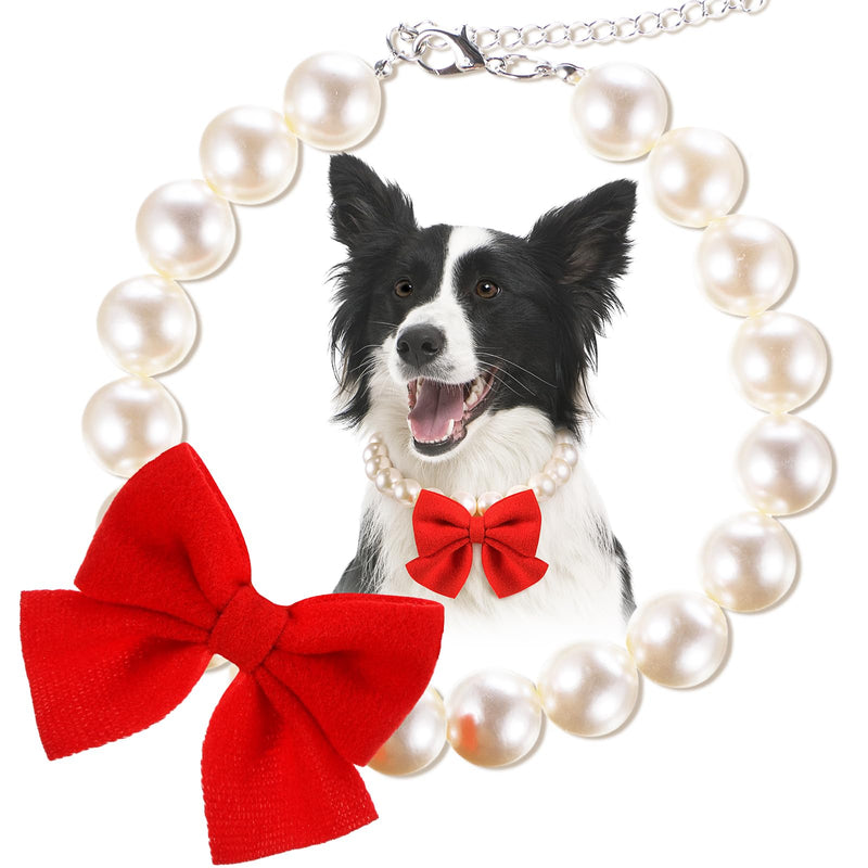 LEIFIDE Chunky Pearl Dog Necklace with Red Bow 20mm Large Bead Pearl Dog Collar Big Pearl Collar Adjustable Necklace Jewellery Accessories for Medium Large Dog Clothing Outfit Xmas Gift(20 Inch Long) - BeesActive Australia