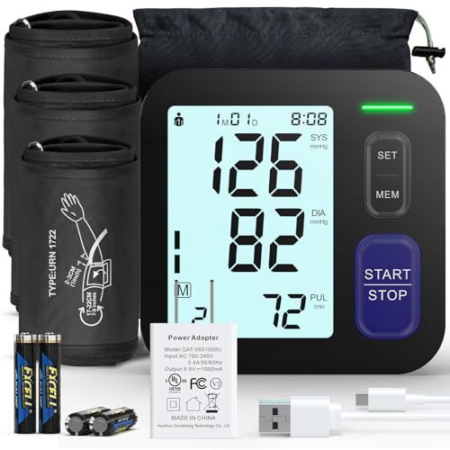Upper Arm Blood Pressure Machine - 3 Size Cuffs, Small 7"-9", Medium 9"-17" and Extra Large XL 13"-21" for Big Arms, Accurate Automatic Digital BP Machine for Home Use, Large Display, 3 Users Small, Medium/Large & XL Cuff Sizes