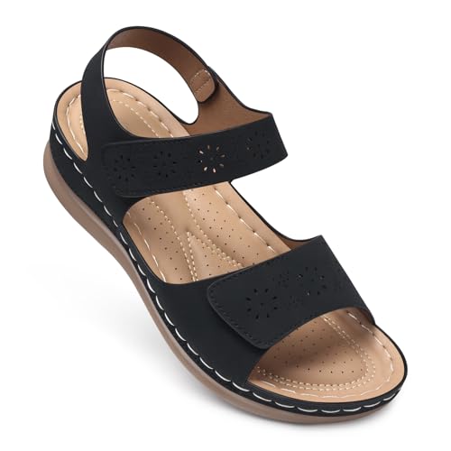 SHIBEVER Women Flat Sandals Comfortable: Arch Support Sandals Dressy 9 Black