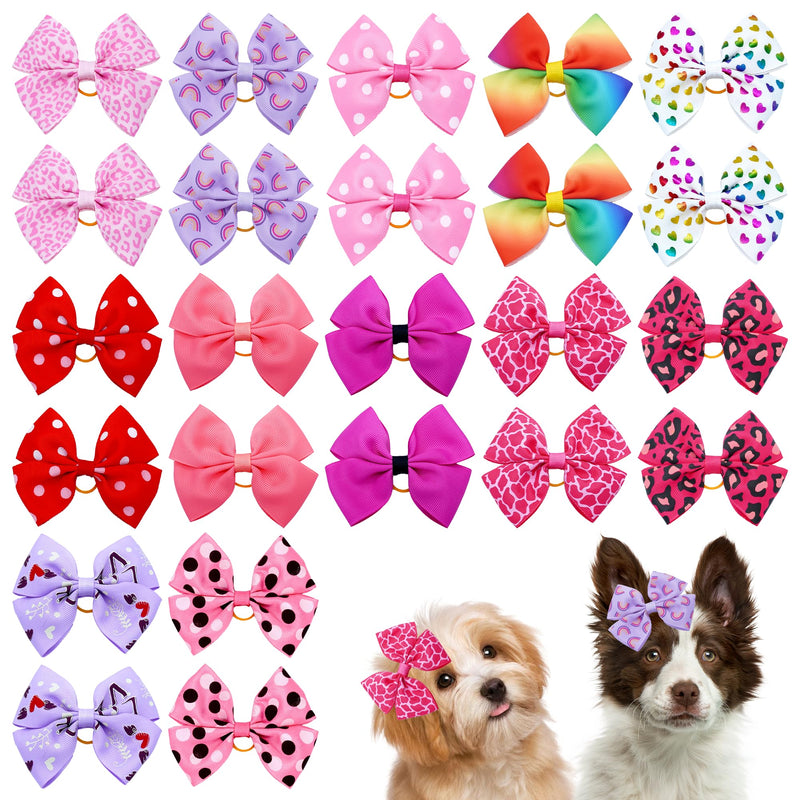 24PCS Big Dog Hair Bows with Rubber Band with Rubber Band Random Pattern for Large XL Breed Bowknot Topknot Grooming Hair Accessories Pink - BeesActive Australia