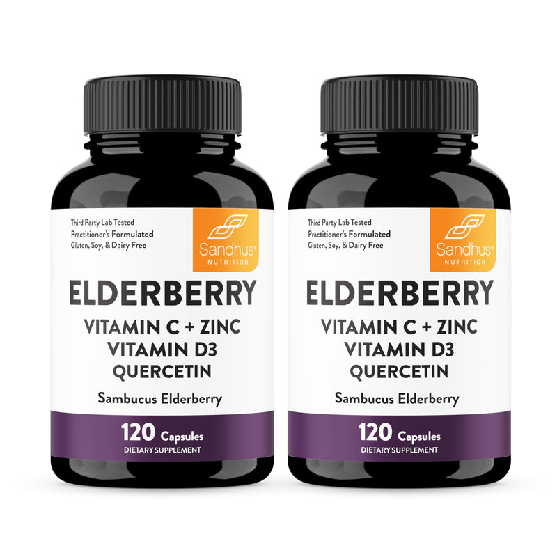 Elderberry Vitamin C and Zinc Capsules with D3 and Quercetin, 240 Count | 6-in-1 Immune Support Supplements For Adults, Sambucus Extract Zink Ginger USA Made in NSF GMP Certified Facility By Sandhu's 120 Count (Pack of 2)