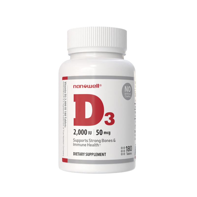 NANOWELL Vitamin D3 2000iu (50 mcg) - Bone, Muscle Health and Immune Support Supplement - 180 Tablets, 180 Day Supply 2,000 IU Tablets