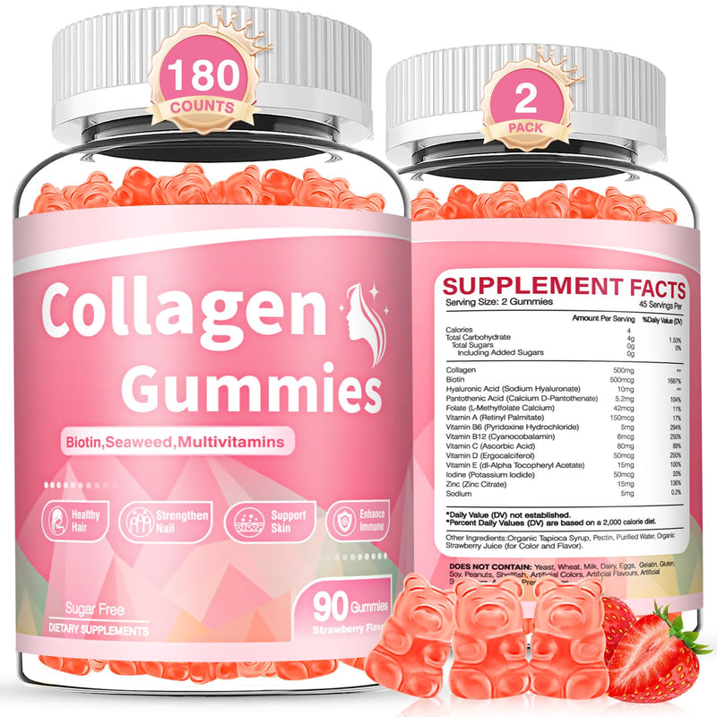 180 Count Collagen Gummies Collagen Protein Type I II III V X with Biotin Vitamin C A B D E Keratin Hyaluronic Acid for Hair Skin Nails Joint Immune Digestion Women Men Sugar Free Strawberry 90 Count (Pack of 2)