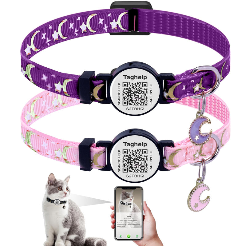 2PCS Breakaway Cat Collars with QR Code Bell Moons Stars Cute Kitty Adjustable Safe Kitten Collars with Pendant Glow in The Dark. Smart ID tag.Real-time scan alerts (Purple&Pink) Purple & Pink - BeesActive Australia