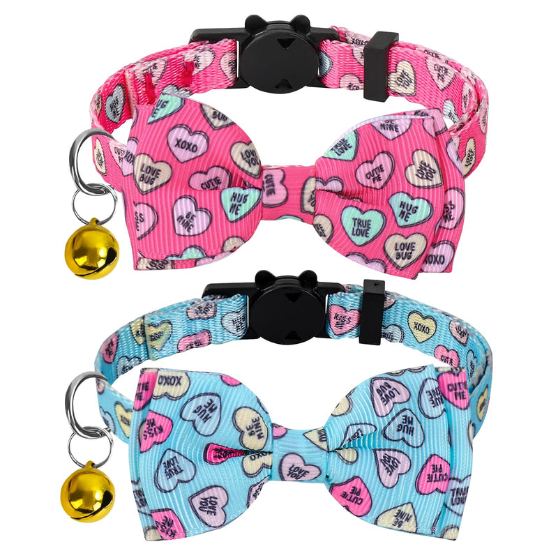 2Pcs Valentine's Day Cat Collar Conversation Heart Bowtie Collar with Breakaway Bell Blue Pink Adjustable Kitten Collar for Girl Boy Cat Small Pet - BeesActive Australia