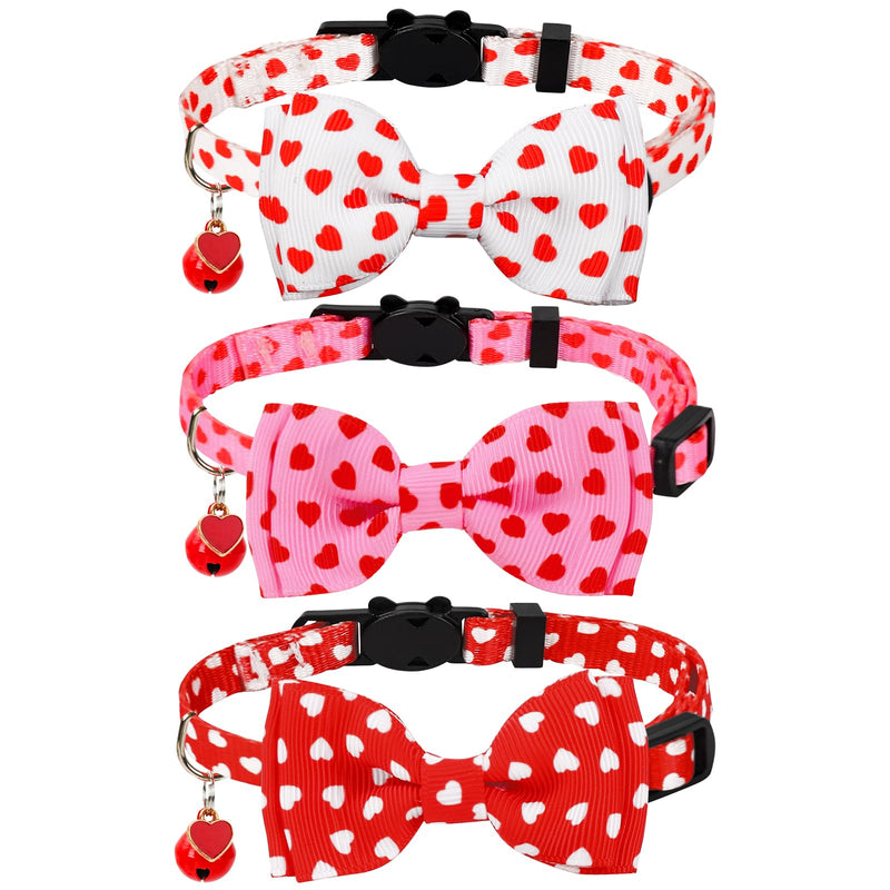 3Pcs Valentine's Day Cat Collar Love Heart Bowtie Collar with Breakaway Bell Red White Pink Adjustable Kitten Collar for Girl Boy Cat Small Pet - BeesActive Australia