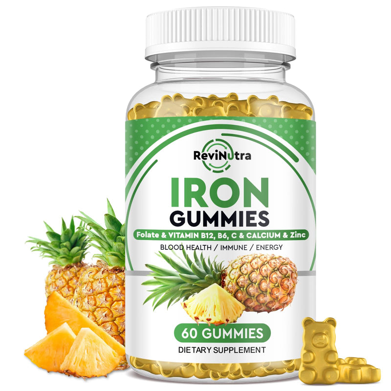 Iron Gummies with Zinc, Calcium, Vitamin C, B6 & B12 | Iron Supplement for Women, Men & Kids | Supports Anemia & Deficiency, Blood Builder & Cell Formation | Chewable Pineapple Flavor | 60 Gummies 60 Count (Pack of 1)