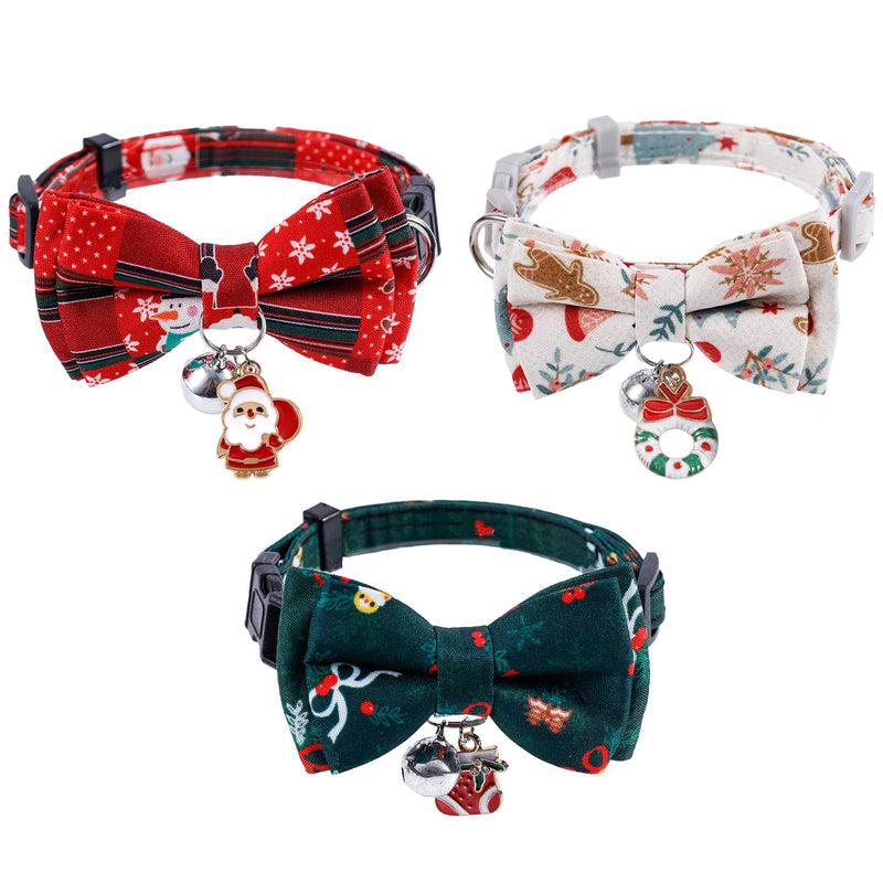 3pcs Christmas Cat Collar with Bells, Cute Holiday Kitten Collar Adjustable Breakaway Dog Collars Santa Claus Christmas Stocking Wreath Christmas Bow Tie Cat Collar for Pets Supplies - BeesActive Australia