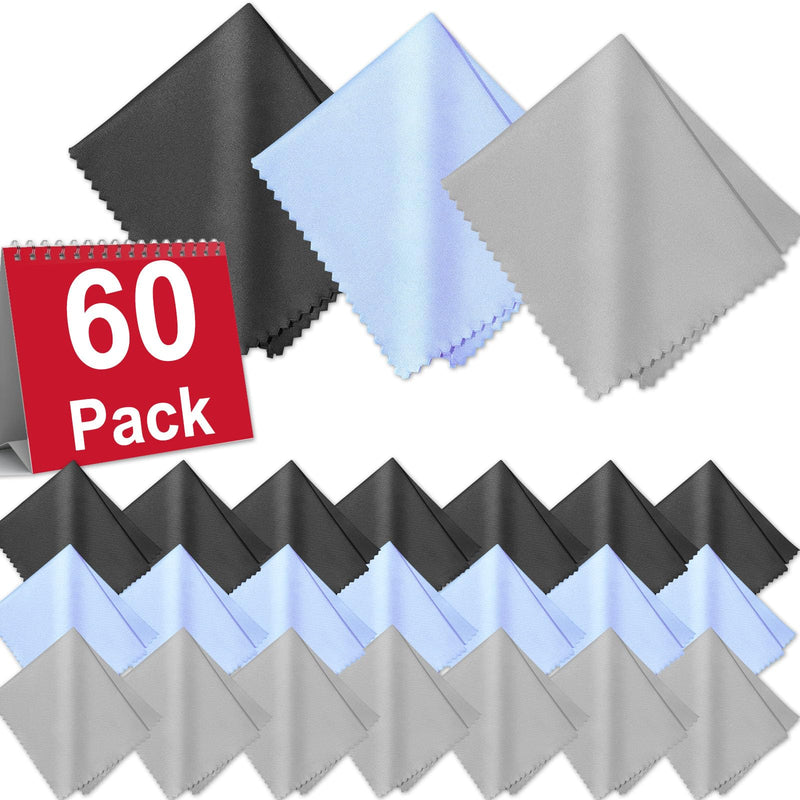 60-Pack Microfiber Cleaning Cloths for Glasses, 6x7 Inch Premium Lens Cleaning Cloth for Screens, Cameras, Eyeglasses, Cell Phone, LCD TV ScreensÔºåBlackÔºåGrey and Light Blue BlackÔºågreyÔºåblue