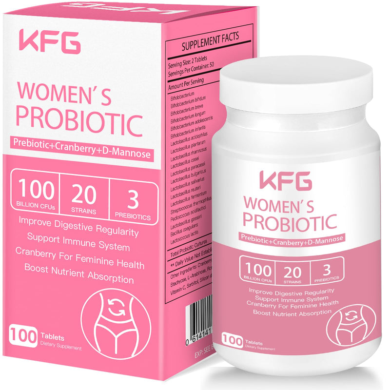 KFG Women's Probiotic, 100 Billion CFUs, 20 Strains, with Organic Prebiotics+Cranberry & D-Mannose, for Boost Immune, Digestive, Gut, Vaginal & Urinary Health, Gluten Dairy & Soy Free, 100 Tablets. - BeesActive Australia