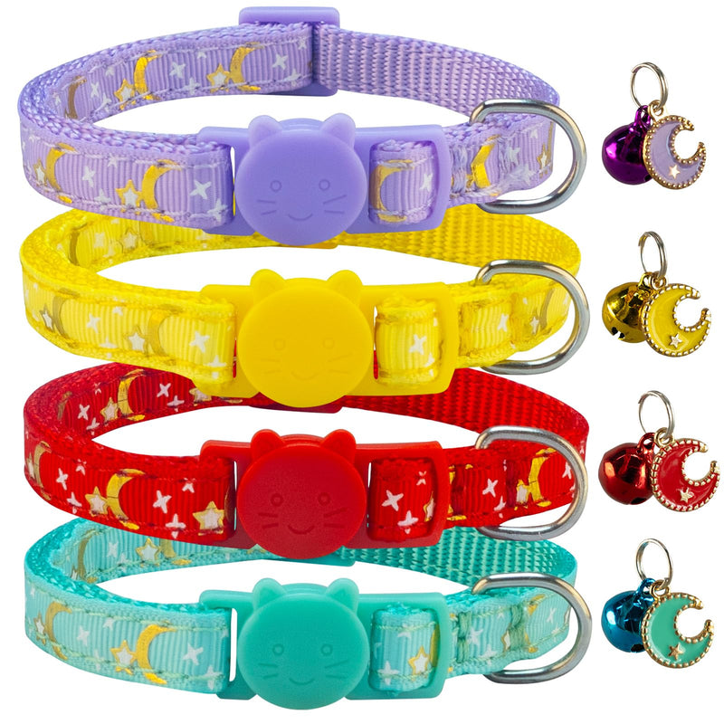 4 Pack Breakaway Cat Collar, Moons & Stars Kitten Collar, Cute Cat Collar with Bell and Safety Buckles, Adjustable Ideal for Girl Boy Cats - BeesActive Australia