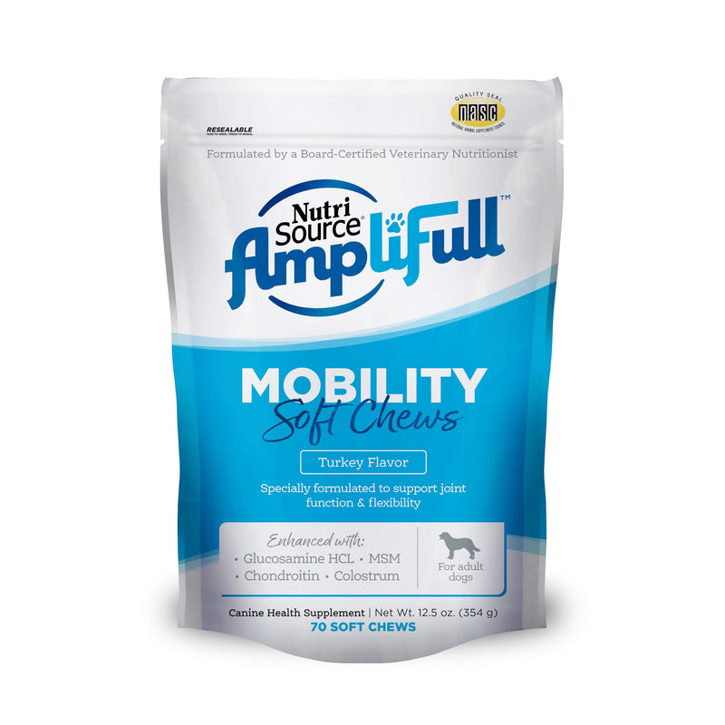 NutriSource AmpliFull Turkey Flavor Mobility Soft Chews for Dogs, Daily Joint Health Supplement with Glucosamine & Chondroitin for Flexibility & Comfort, 70 Chews (1 Pack) Mobility - Turkey