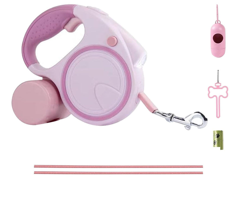 Best Dog Supplies | Pink Retractable Dog Leash with Light, Poop Bag Dispenser, Poop Bag Holder, 2 Elastic Ropes | Set of 4 - BeesActive Australia