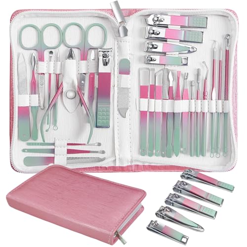 Nail Clippers Set 30 Pcs Professional Grooming Kits, Fingernail and Toenail Clipper Cutters, Ear Wax Removal Kit, Pedicure Tools, Manicure Tools with Luxurious Travel Case Gradient Color