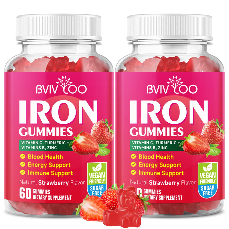 2 Pack Vegan Iron Gummies for Adults & Kids - with Vitamin C, A, B-Complex, Folate, Zinc, and Biotin - for Blood Building & Energy Support, 120 Gummies 2 Pack