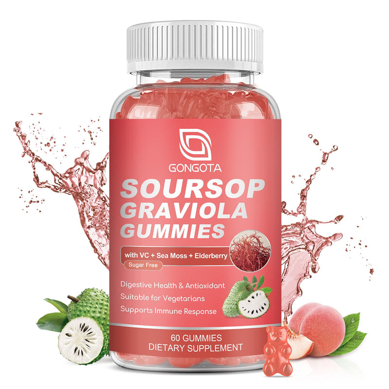 Soursop Graviola Gummies - 2200mg Extra Soursop Leaves Extract,Elderberry & Sea Moss & Zn, for Digestive, Immune, Antioxidant and Overall Health Support - Gluten Free, Vegan, 60 Gummies Peach 60 Count (Pack of 1)