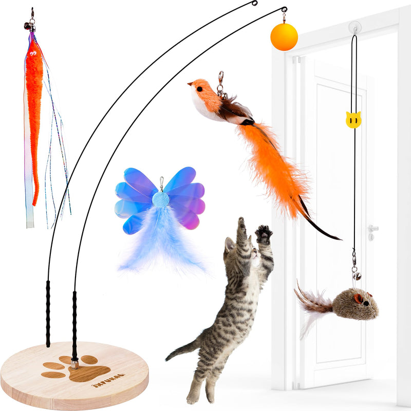 JXFUKAL Interactive cat Toy, Automatic Cat Wand Toy with Stable Wooden Base, 2 PCS Detachable Cat Teaser, 5PCS Refills Replacement & Hanging Cat Toy, Kitty Kitten Toys Cat Feather Spring String Toy - BeesActive Australia