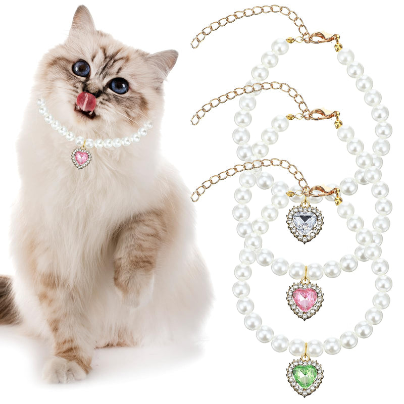 3 Pcs Pearl Cat Collar Adjustable Dog Pearl Necklace Collar Heart Rhinestones Pet Necklace for Pet Wedding Party Birthday Jewelry Accessories Make Your Cats and Dogs More Charming (White Pink Green) - BeesActive Australia