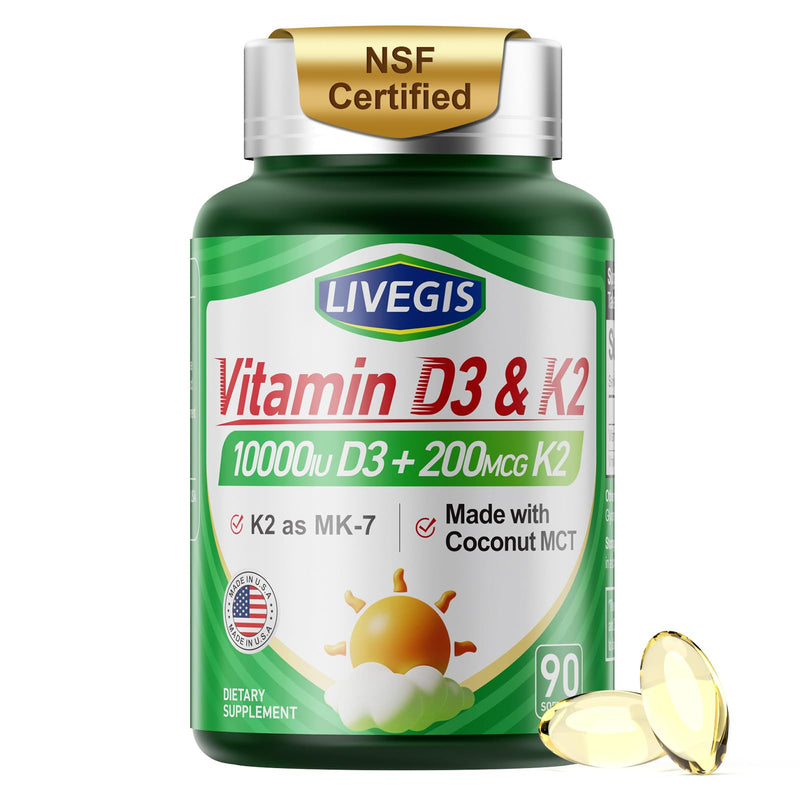 Vitamin D3 K2 10000 lU with NSF Certified for Immune System | K2 MK-7 200mcg, 90 mini softgels, supports immune, digestion & bone health, higher absorption, non-GMO, 3rd-party tested 90 Count (Pack of 1)