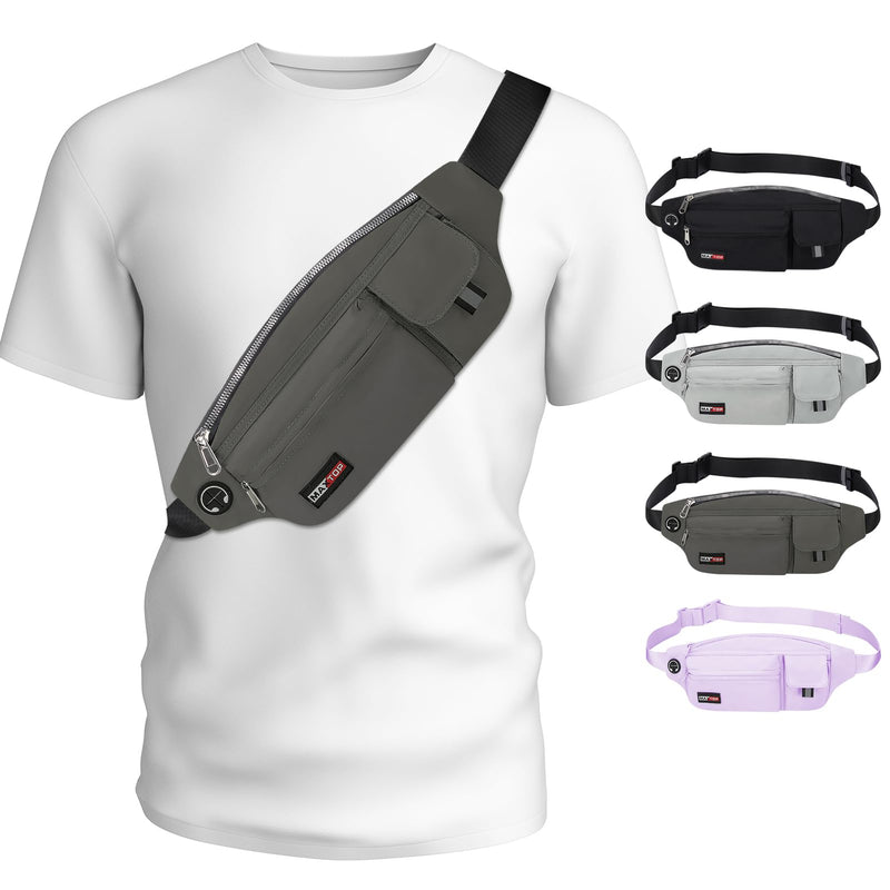 MAXTOP Large Crossbody Fanny Packs for Men Women with Headphone Jack and 5-Zipper Pockets Adjustable running belt for Outdoors Yoga Traveling Casual Running Hiking Dark Grey