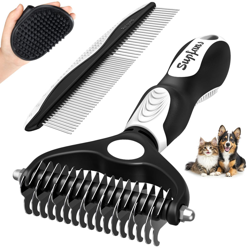 3PCS Dog Grooming Kit I Dog Brush for Shedding I Deshedding Dog Brush I Metal Dog Comb I Dog Bath Brush I Undercoat Rake for Dogs and Cats I Premium Pet Supplies (White Black) White Black - BeesActive Australia