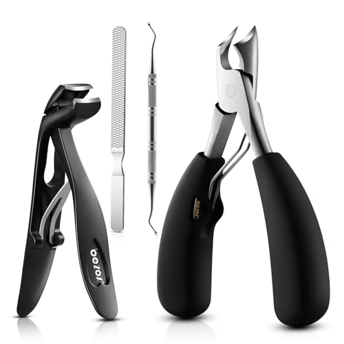 BEZOX Toenail Clipper Kit 4PCS Nail Care Set for Ingrown Toenails – Curved Head Toe Nail Clippers for Seniors for Thick Nails, Thick Fingernail Clippers, Long Nail File & Dual-Ended Lifter - Black Large
