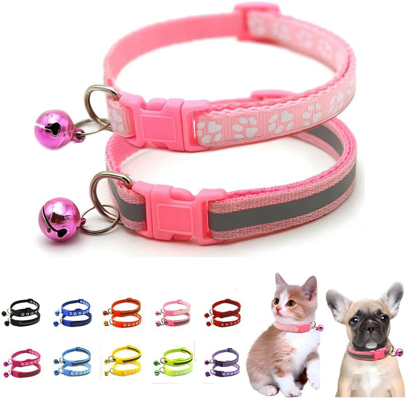 Puppy Collar with Bell, 2-Pack Basic & Reflective Cat Collar with Bells for XXS Xs Small Pet Dogs Boy Tiny Kitten Male Animal, Neck 7-12 inch (Pink) Pink