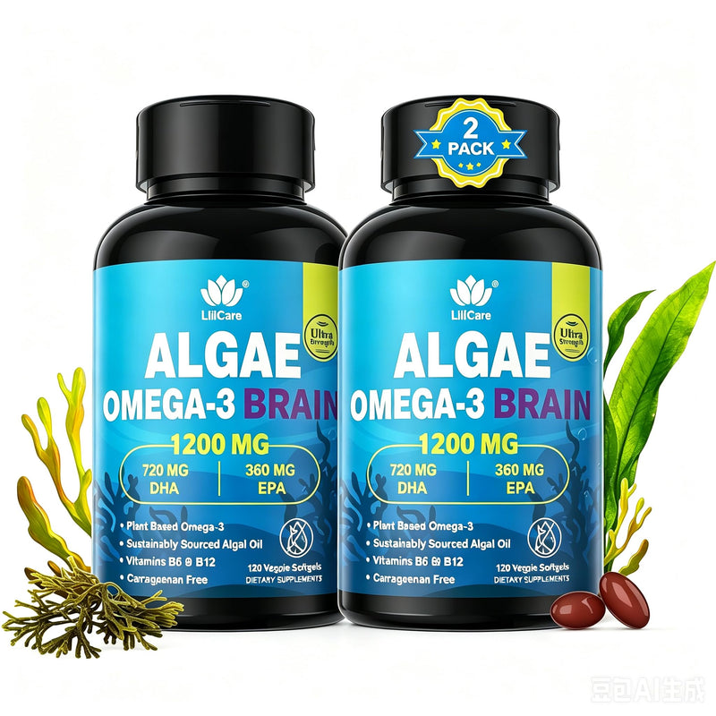 Algae Oil Omega 3 Supplement, Plant-Based EPA & DHA Fish Oil Alternative with Methylated B12, B6, B9, Vitamin E - Vegan Softgels for Brain, Energy, Immune Support for Women & Men, Non-GMO, 240 Count 120 Count (Pack of 2)
