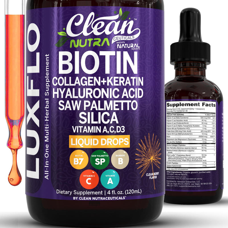 Liquid Biotin & Collagen Keratin Hyaluronic Acid Saw Palmetto Drops Vitamins for Hair Growth Support Silica Vitamin A C D Bamboo Turmeric Zinc Folate Magnesium Horsetail LuxFlo By Clean Nutra 1